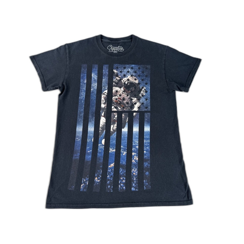 Creative Astronaut Flag Graphic Tee SMALL Black Cotton Crewneck Short Sleeve Men